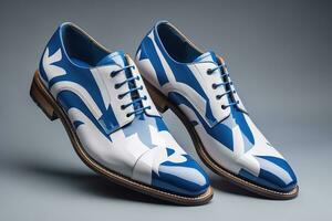 paire de bleu et blanc Pour des hommes des chaussures sur une gris Contexte. génératif ai photo