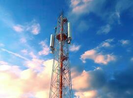 la tour avec mobile opérateur antennes sur le Contexte ciel, 5g, 4g, 3g, mobile les technologies, Nouveau génération les communications établi avec génératif ai La technologie photo