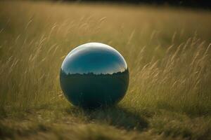 cristal Balle sur le herbe dans le champ à le coucher du soleil. génératif ai photo