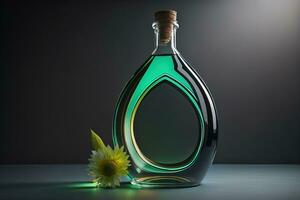 bouteille avec vert liquide et fleur sur noir Contexte. génératif ai photo