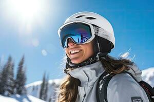 portrait de content Jeune femme avec snowboard casque contre bleu ciel, une Candide image de une sur de soi femme planche a neige dans le montagnes, ai généré photo