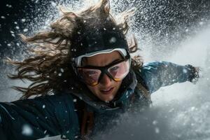 portrait de une femme snowboarder dans des lunettes de protection et snowboard costume. une femme équitation une snowboard dans le neige, sa visage tordu avec émotion et détermination, ai généré photo