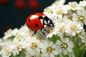 coccinelle sur blanc fleur isolé sur noir Contexte macro proche en haut, une magnifique coccinelle séance sur une blanc fleur, ai généré photo