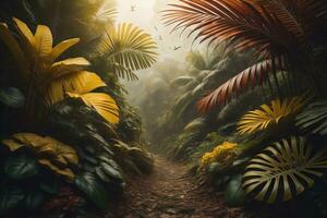 une sentier dans tropical forêt tropicale avec paume des arbres et chemin dans le brume. ai génératif photo