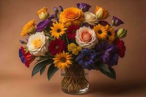 bouquet de Orange et rouge des roses dans vase sur le tableau. ai génératif photo