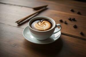 café tasse et café des haricots sur une en bois tableau, Haut voir. ai génératif photo