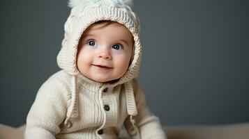 mignonne peu bébé dans costume séance sur lit à Accueil établi avec génératif Al technologie. photo