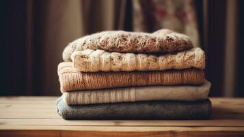 tricoté de laine vêtements, après la lessive. fermer. hiver et l'automne chaud confortable chandails établi avec génératif Al La technologie photo