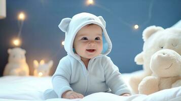 mignonne peu bébé, relaxant dans lit après bain, souriant Heureusement établi avec génératif Al technologie. photo