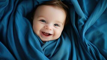 content souriant bébé mensonges sur le lit établi avec génératif Al technologie. photo