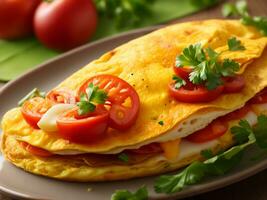 délicieux nourriture omelette avec tomate tranche sur plaque, ai génératif photo