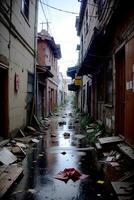 réaliste photo de abandonné ruelle avec débris ordures sur le rue, ai génératif