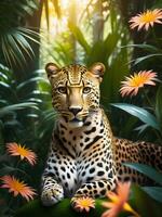 la photographie portrait de léopard dans luxuriant jungle avec fleurs, génératif ai photo