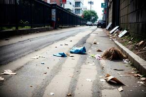 réaliste photo de ordures des ordures diffusion sur le rue, ai génératif