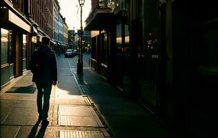 rétro-éclairé de une homme en marchant sur le ville rue, ai génératif photo