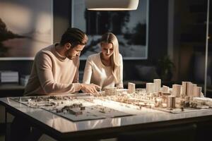 une couple sur une bureau avec une maison modèle et maison clés photo