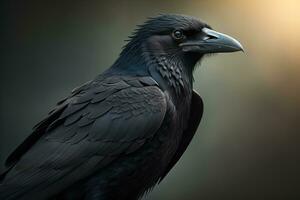 proche en haut portrait de une noir corbeau, corvus corax. ai génératif photo