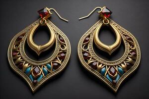 des boucles d'oreilles fabriqué de or sur une solide Couleur Contexte proche en haut. ai génératif photo