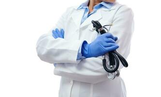 fermer de médecins mains dans médical protecteur gants en portant stéthoscope isolé sur blanc Contexte avec copie espace photo