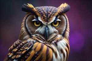 magnifique hibou avec gros yeux sur une violet Contexte. génératif ai photo