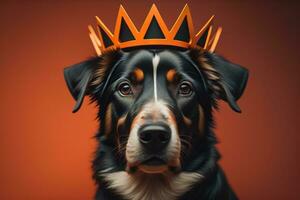 portrait de une mignonne chien dans une d'or couronne sur une solide Couleur Contexte. ai génératif photo