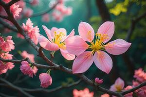 Cerise fleur Sakura fleur sur bleu ciel arrière-plan, ai génératif photo