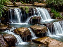 magnifique la nature paysage vue de ruisseau cascade dans le forêt, ai génératif photo