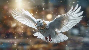 majestueux blanc oiseau dans vol. une blanc oiseau en volant par le air avec c'est ailes diffuser. le blanc Colombe est le oiseau de le monde. ai généré photo
