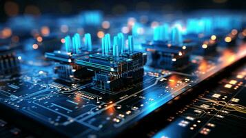 ordinateur futuriste haute technologie circuit planche avec microcircuits et électronique frites avec transistors et résistances. ai généré photo