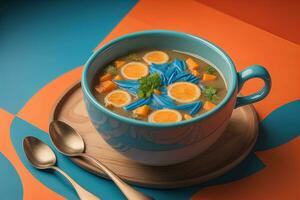 une bol de soupe avec Orange et carotte sur une bleu Contexte. génératif ai photo