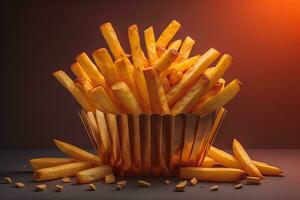 français frites dans une papier boîte sur une foncé Contexte. sélectif se concentrer. génératif ai photo