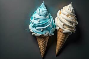 la glace crème cônes avec bleu et blanc glaçage sur une foncé Contexte. génératif ai photo