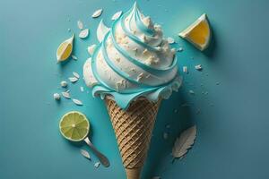 la glace crème avec citron vert et menthe sur bleu arrière-plan, génératif ai photo