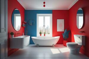 rouge et bleu salle de bains intérieur avec baignoire et miroir. génératif ai photo