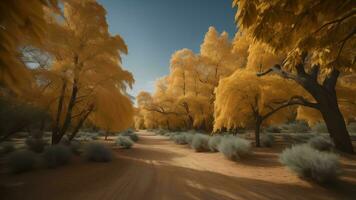 l'automne paysage avec Jaune des arbres et saleté route. génératif ai photo