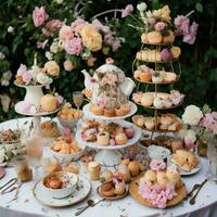 restauration mariage buffet avec différent sortes de bonbons et biscuits. génératif ai photo