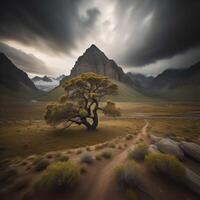 spectaculaire paysage avec une solitaire arbre et montagnes dans le Contexte. génératif ai photo