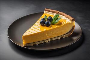 délicieux cheesecake avec Frais myrtilles et menthe sur noir Contexte. génératif ai photo