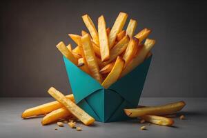 français frites dans une papier boîte sur une gris Contexte. fermer. génératif ai photo