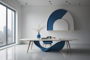 intérieur de moderne vivant pièce avec blanc des murs, béton sol, bleu rond table avec bleu chaises et rond miroir au dessus il. génératif ai photo