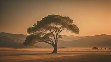 solitaire arbre dans le désert à coucher de soleil, génératif ai photo