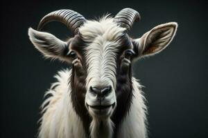 portrait de une chèvre avec cornes sur une noir Contexte dans le studio. génératif ai photo