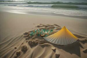 coquilles sur le plage. mer et le sable Contexte. ancien Ton. génératif ai photo