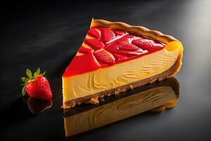 fraise fromage cheesecake sur une noir Contexte avec réflexion. génératif ai photo