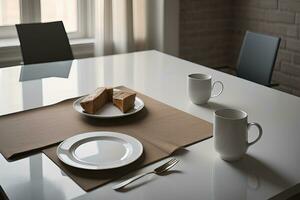 table ensemble pour affaires le déjeuner ou dîner dans moderne bureau. génératif ai photo