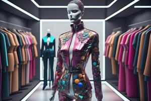 une femelle mannequin dans une Vêtements magasin. génératif ai photo