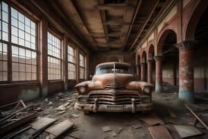 un vieux rouillé voiture dans un abandonné bâtiment. génératif ai photo