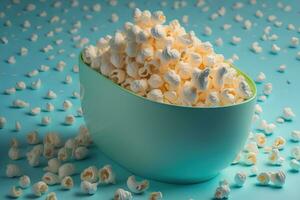 pop corn dans une papier boîte sur une solide Couleur Contexte. ai génératif photo