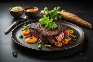 tranché du boeuf steak avec persil sur une plaque. ai génératif photo