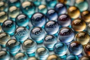 coloré verre marbres sur une le tableau. sélectif se concentrer. ai génératif photo